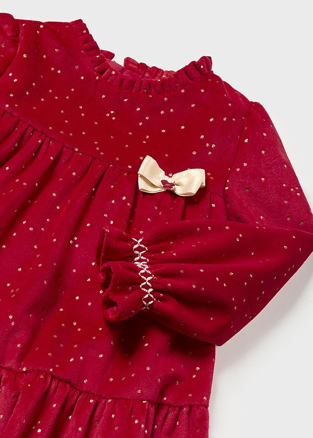 Red Gold Velvet Ruffle Dress