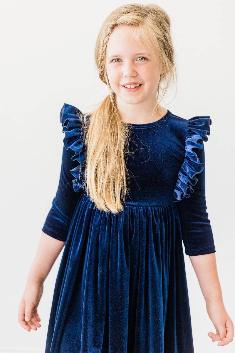 Girl's Navy Velvet Ruffle Dress