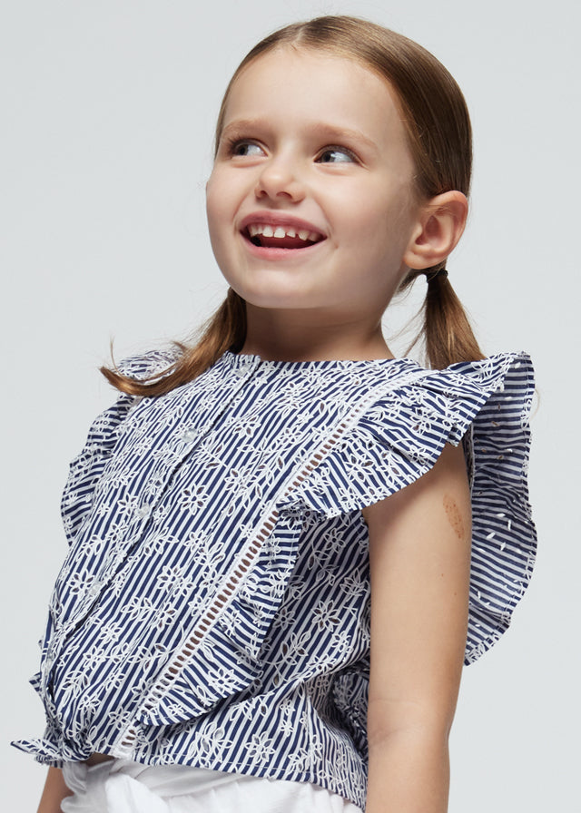 Girls Blue Striped Poplin Top