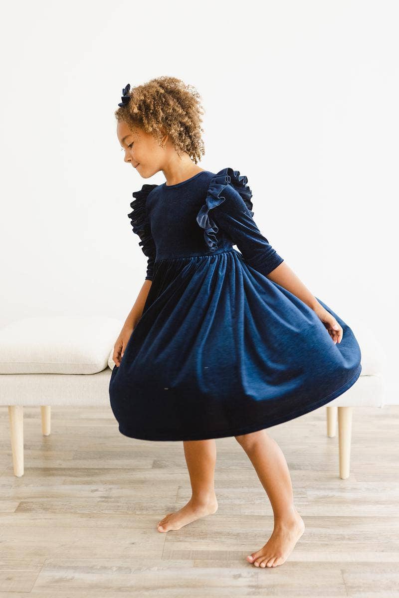 Girl's Navy Velvet Ruffle Dress