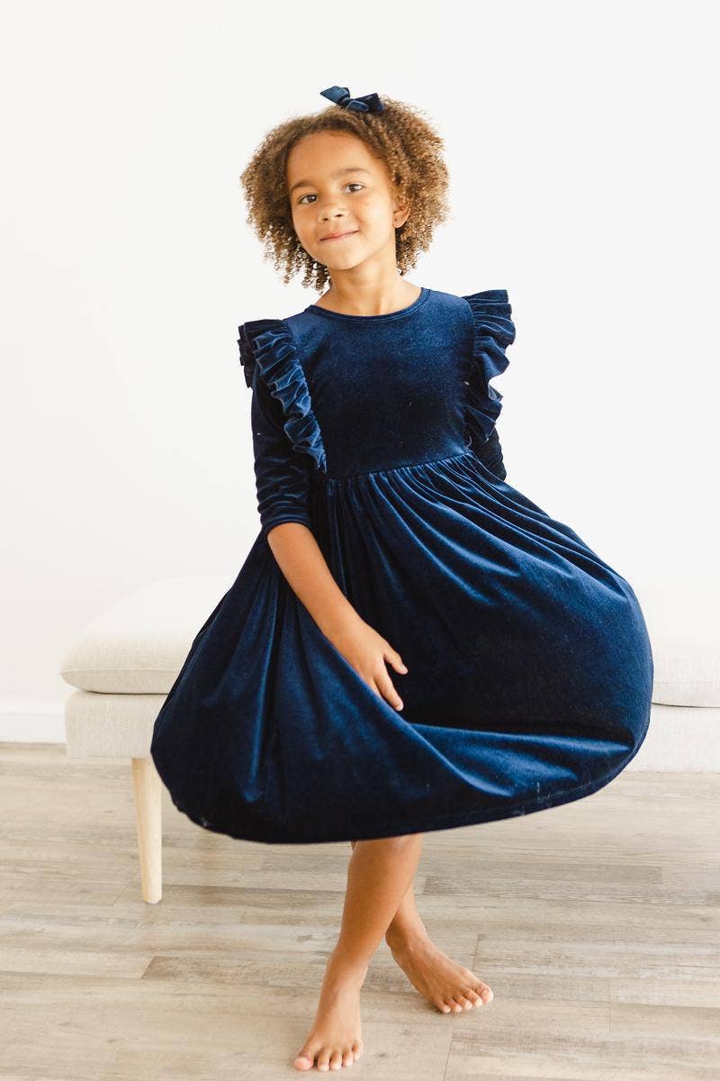 Girl's Navy Velvet Ruffle Dress