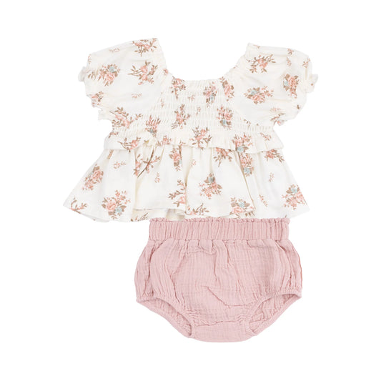 Smocked Rose Blouse and Muslin Boomers Set