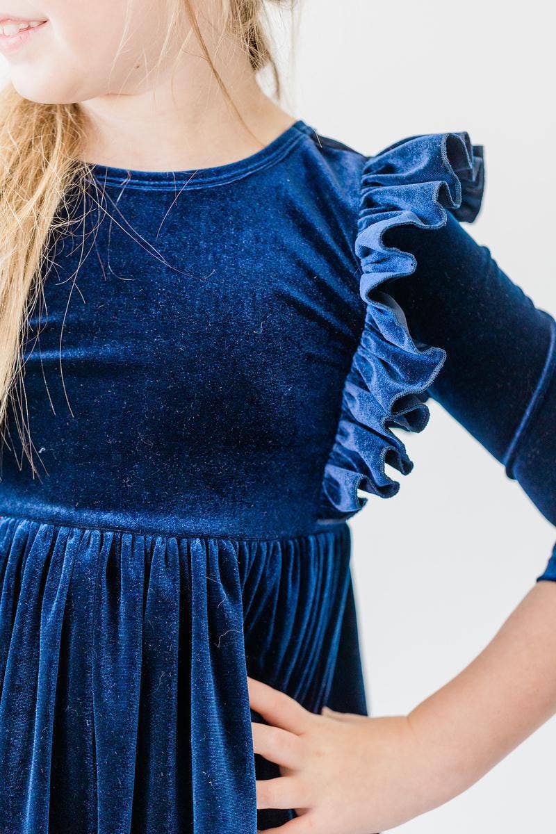 Girl's Navy Velvet Ruffle Dress