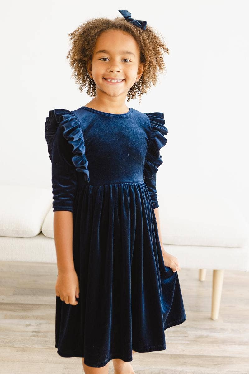 Girl's Navy Velvet Ruffle Dress