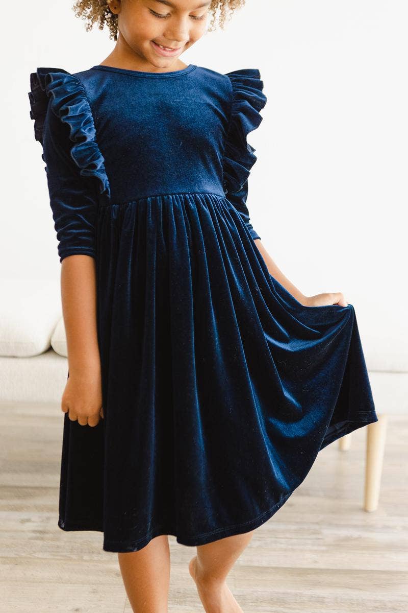 Girl's Navy Velvet Ruffle Dress