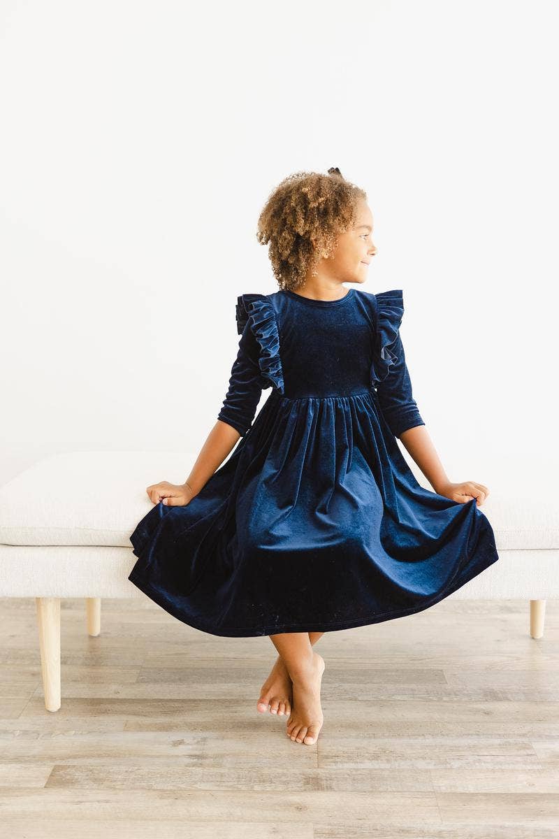 Girl's Navy Velvet Ruffle Dress