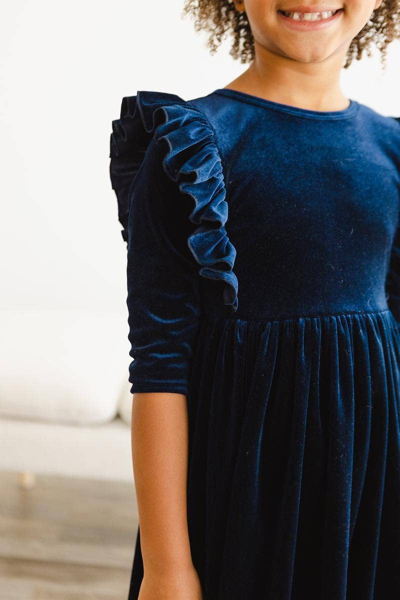 Girl's Navy Velvet Ruffle Dress