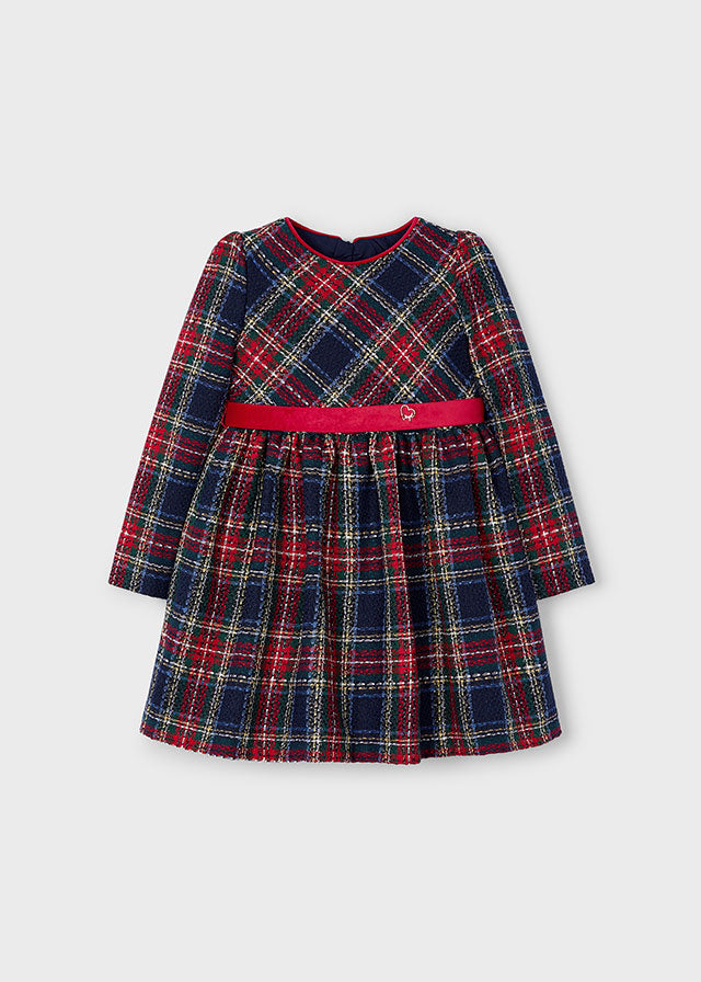 Girls Velvet Ribbon Plaid Dress