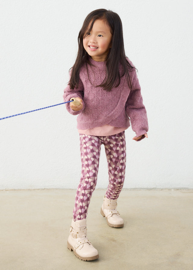 Girls Violet Knit Printed Leggings