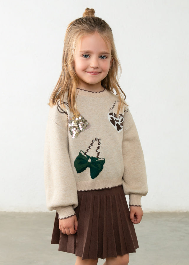 Girls Coffee Tricot Skirt Set