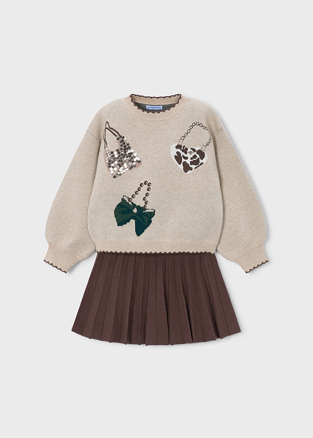 Girls Coffee Tricot Skirt Set