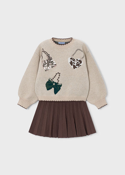 Girls Coffee Tricot Skirt Set