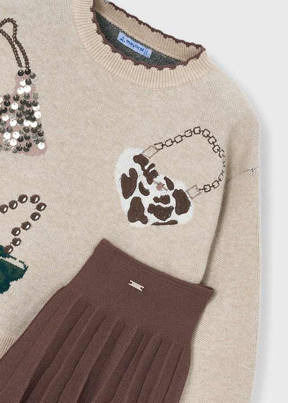 Girls Coffee Tricot Skirt Set