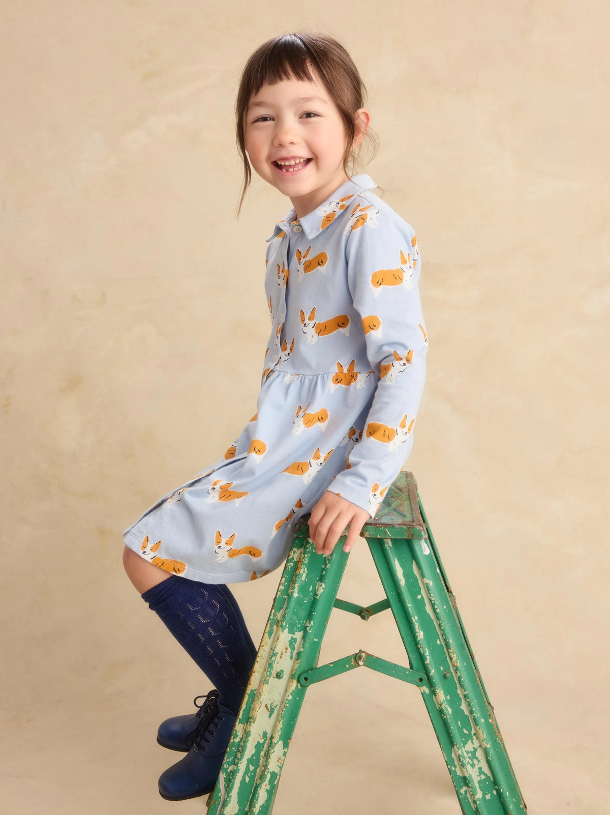 Girl Corgis L/s Collard Dress
