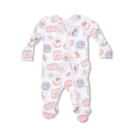 Pink Rodeo Patches Ruffle Back Footie