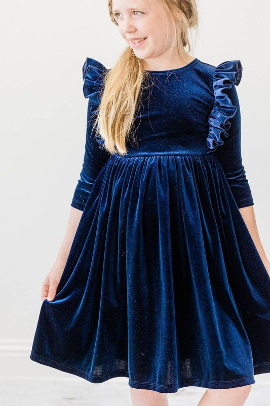 Girl's Navy Velvet Ruffle Dress